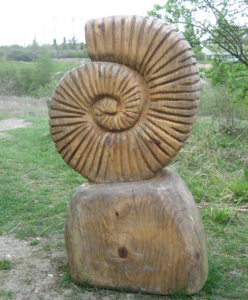 A carved wooden ammonite at College Lake. Very much part of the Wildlife Trust's Geology Rocks day